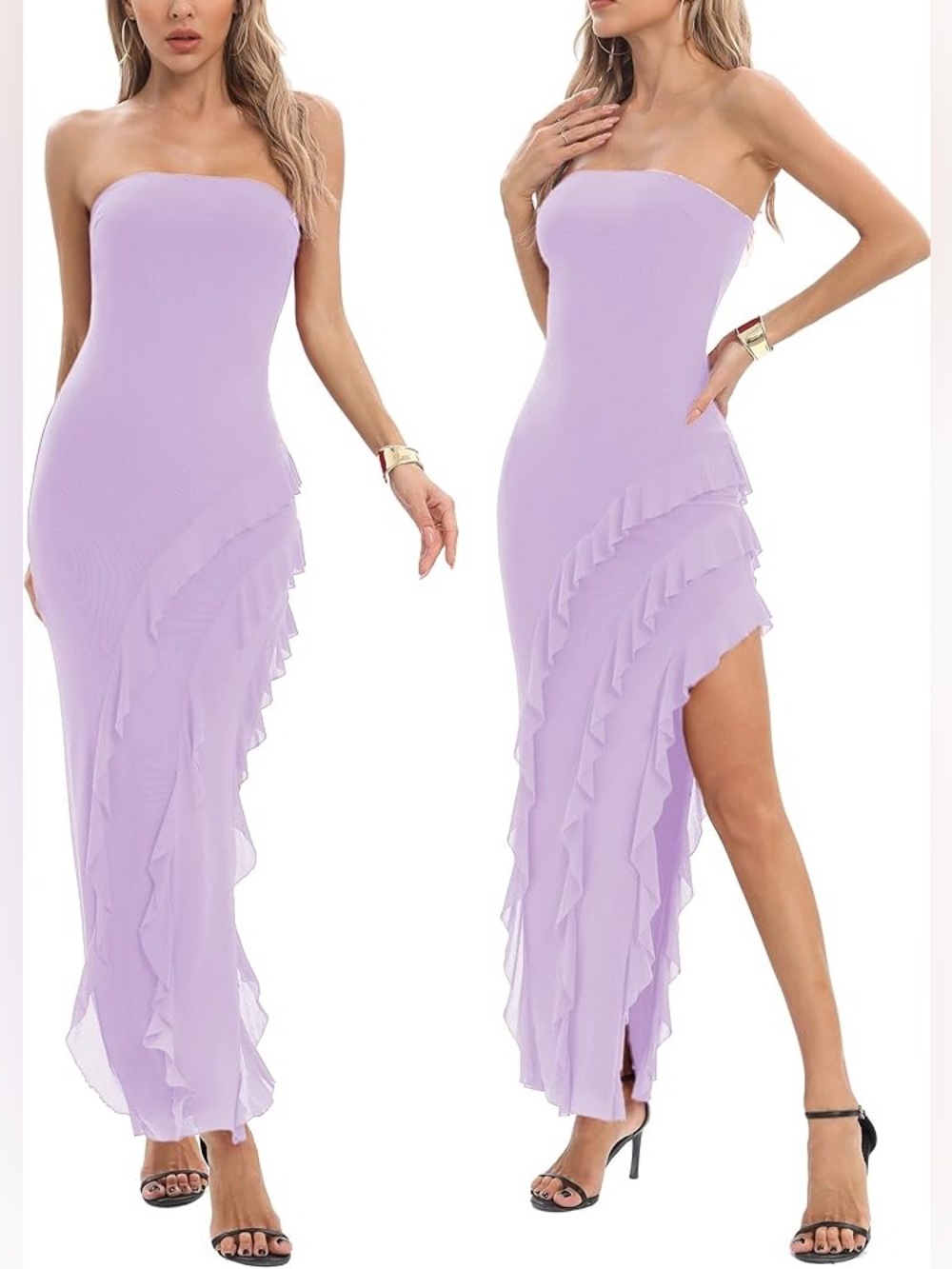 Strapless Lavender Ruffle Asymmetrical Evening Dress